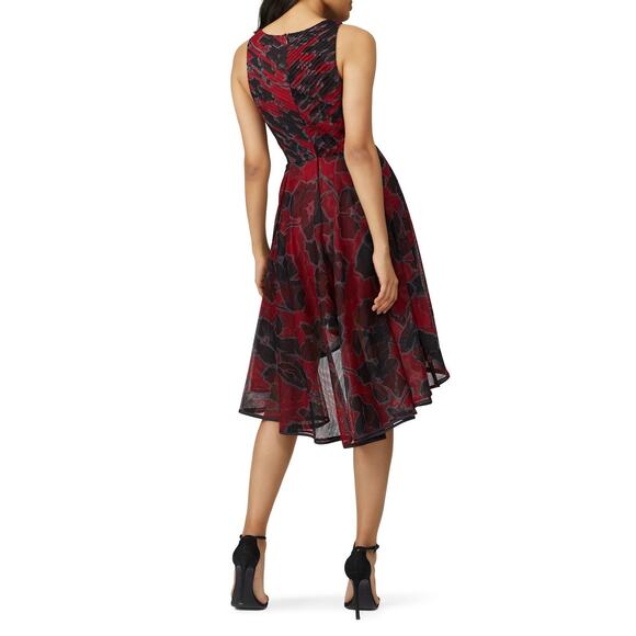 HALSTON Red Black Floral Printed Tulle Hourglass Sleeveless Midi Dress Size 12 - Picture 2 of 11